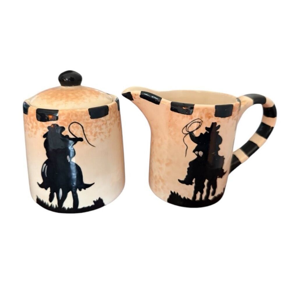 Western Rodeo Cowboy Antiqued Rustic Ceramic Coffee Cream & Sugar Set